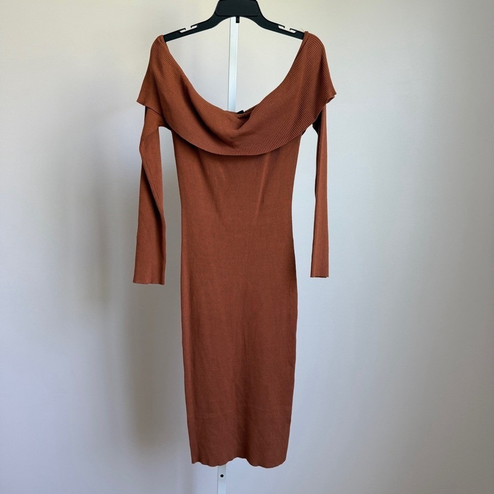 Hera Collection‎ Dress 2XL Brown Off-shoulder ribbed knit midi dress NWT